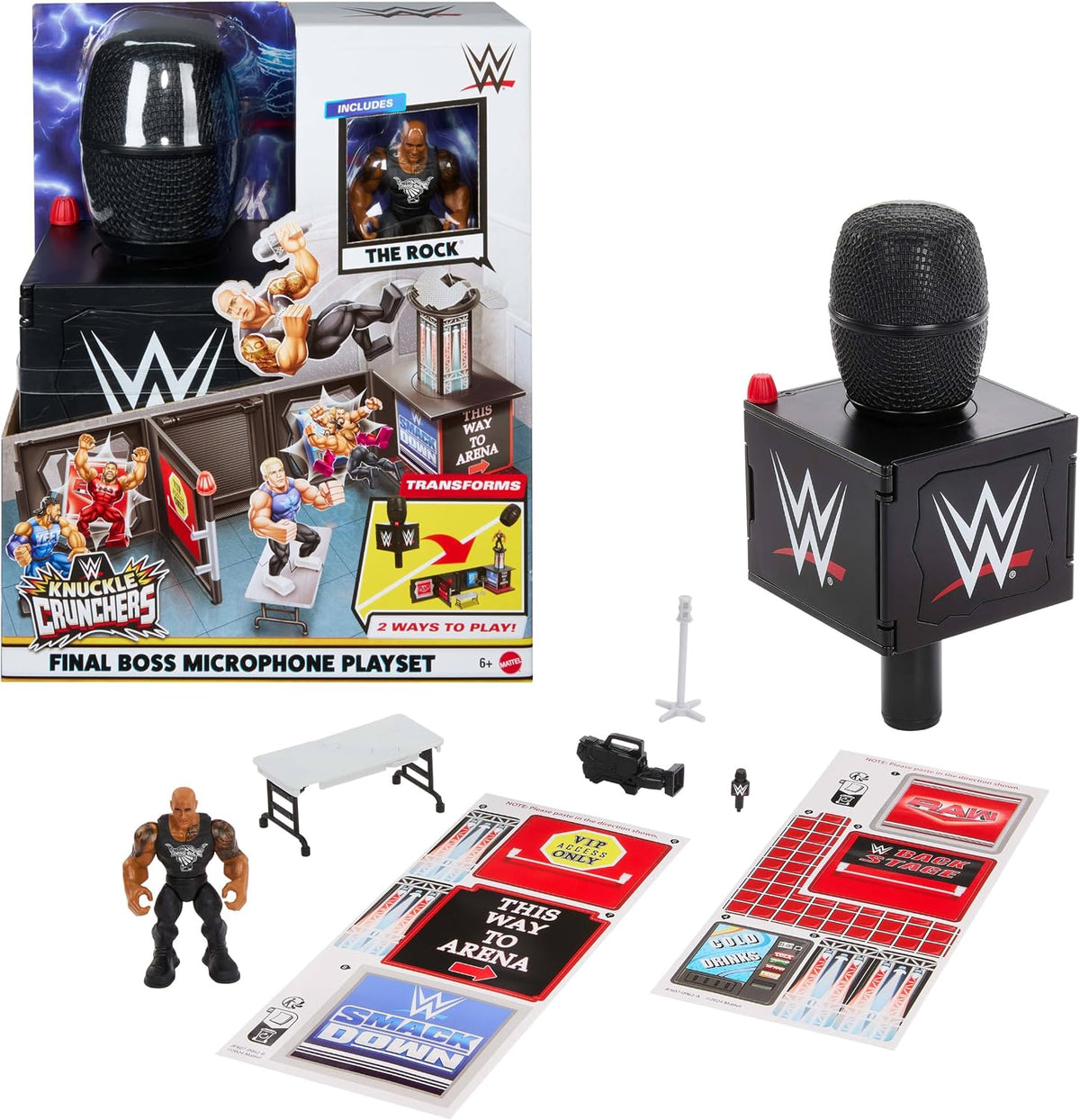 Mattel WWE Knuckle Crunchers Microphone et ensemble de jeu 2 en 1 avec figurine d'action et 2 accessoires, ensemble Final Boss avec The Rock