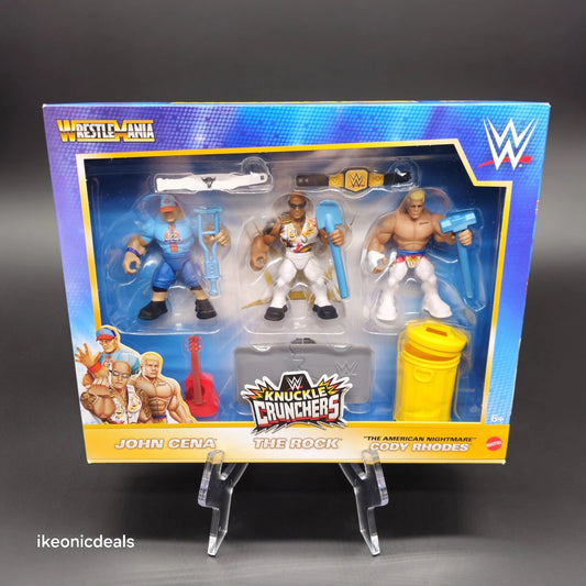 Neuf dans sa boîte 2024 WrestleMania Knuckle Crunchers John Cena The Rock Cody Rhodes - NEUF